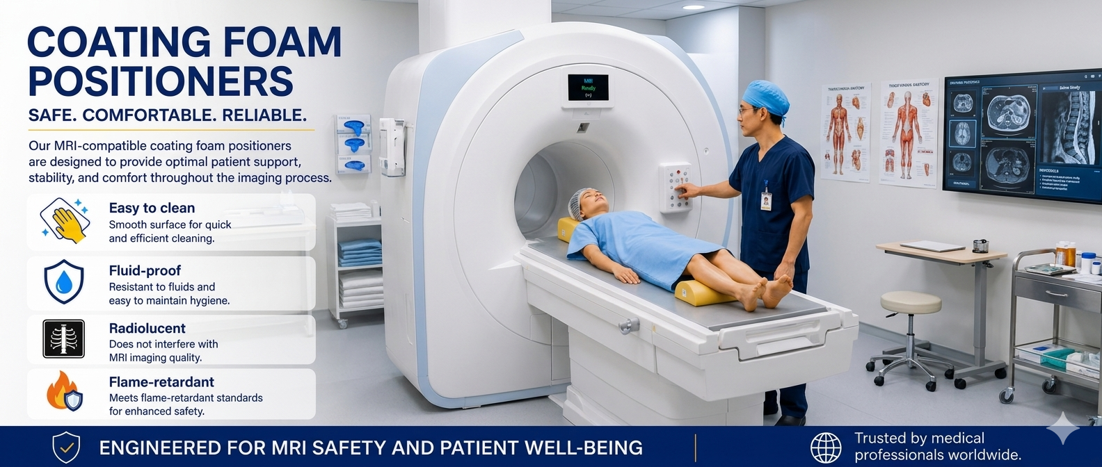 What are the clinical advantages and hygiene benefits of using fluid-resistant coated foam positioners compared to uncoated foam or gel-based alternatives in the operating room?
